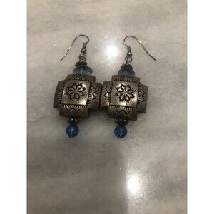 Fun & Unique Tribal Look Dangling Silver Tone & Blue Bead Earrings